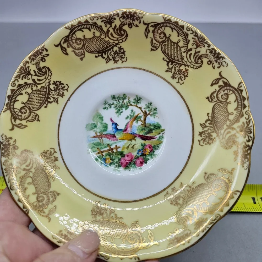 Vintage Foley Bone China Saucer Yellow Gold Filigree Bird of Paradise England